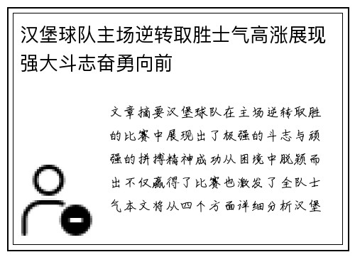 汉堡球队主场逆转取胜士气高涨展现强大斗志奋勇向前