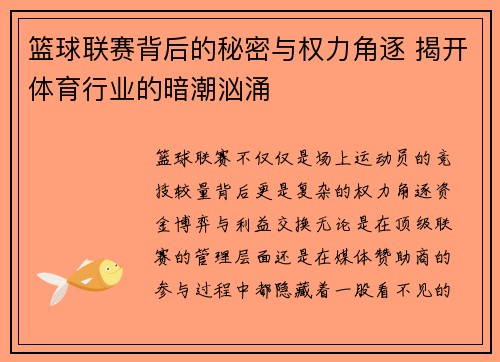 篮球联赛背后的秘密与权力角逐 揭开体育行业的暗潮汹涌
