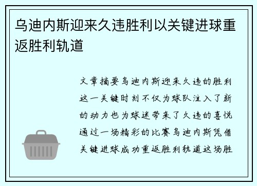 乌迪内斯迎来久违胜利以关键进球重返胜利轨道