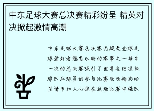 中东足球大赛总决赛精彩纷呈 精英对决掀起激情高潮