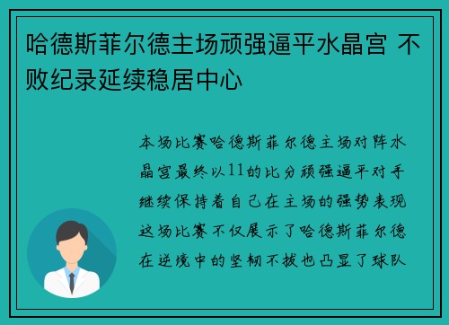 哈德斯菲尔德主场顽强逼平水晶宫 不败纪录延续稳居中心