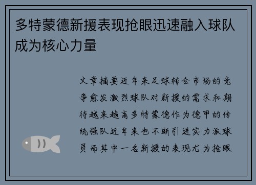 多特蒙德新援表现抢眼迅速融入球队成为核心力量