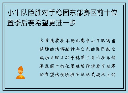 小牛队险胜对手稳固东部赛区前十位置季后赛希望更进一步