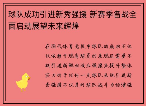 球队成功引进新秀强援 新赛季备战全面启动展望未来辉煌