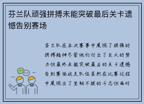 芬兰队顽强拼搏未能突破最后关卡遗憾告别赛场