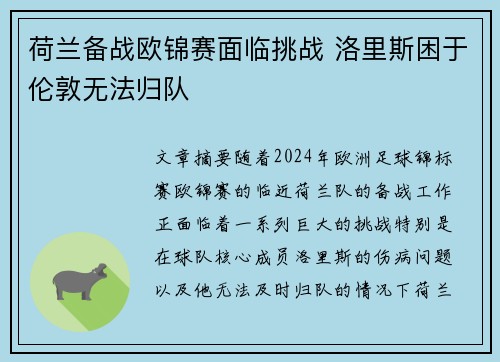 荷兰备战欧锦赛面临挑战 洛里斯困于伦敦无法归队