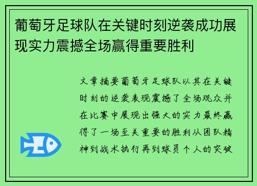 葡萄牙足球队在关键时刻逆袭成功展现实力震撼全场赢得重要胜利