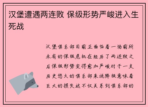 汉堡遭遇两连败 保级形势严峻进入生死战