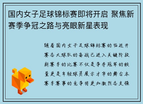 国内女子足球锦标赛即将开启 聚焦新赛季争冠之路与亮眼新星表现