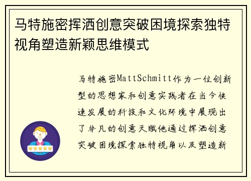 马特施密挥洒创意突破困境探索独特视角塑造新颖思维模式